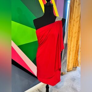 Y2K Cache Red One-Shoulder Asymmetric Draped Mini Dress with Rhinestone Shoulder